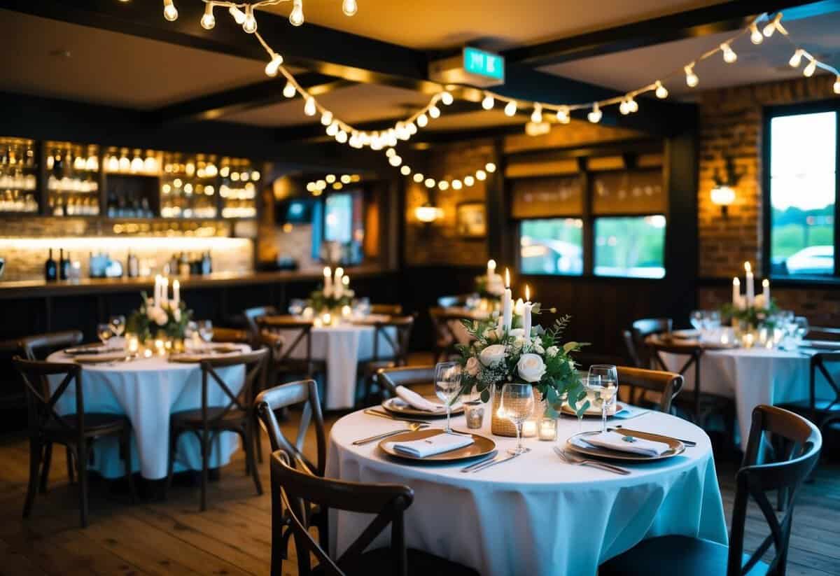 A cozy pub with rustic decor and string lights. Tables set for a wedding reception with flowers and candles. A bar in the background