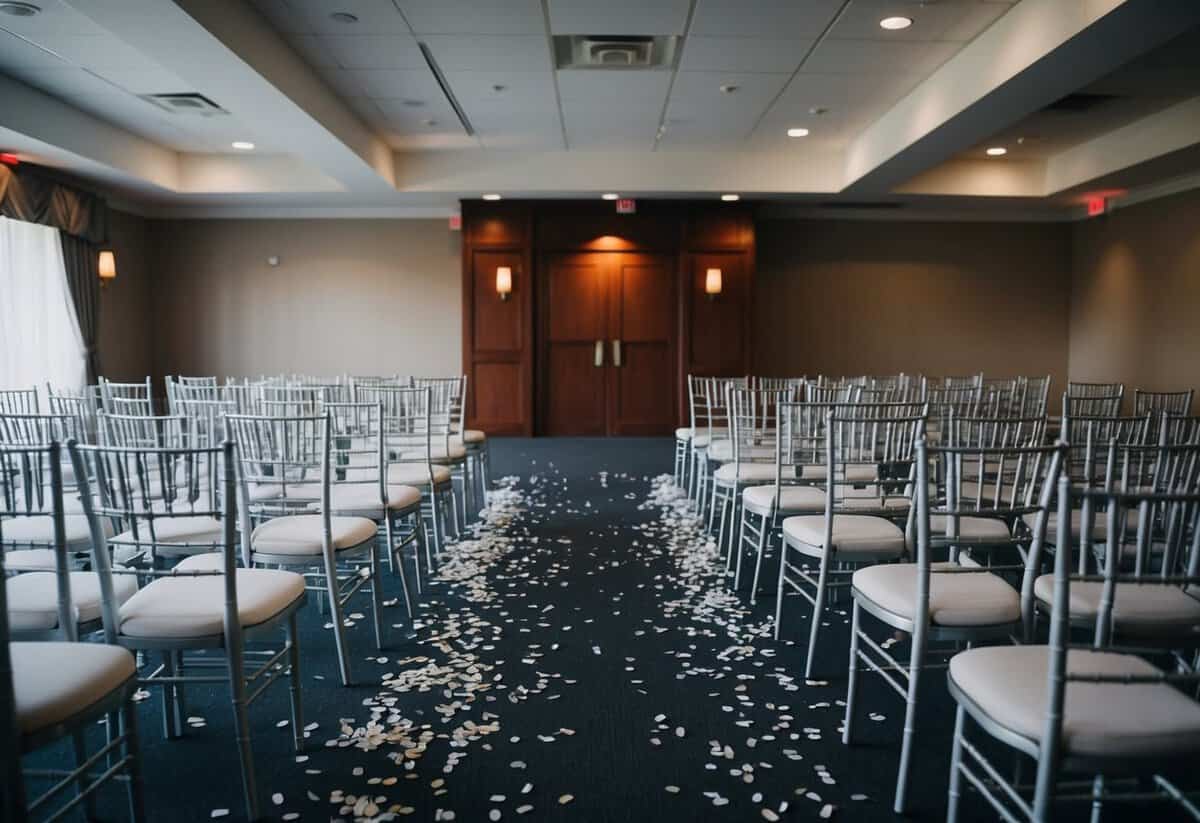 A deserted wedding venue with empty chairs and scattered confetti
