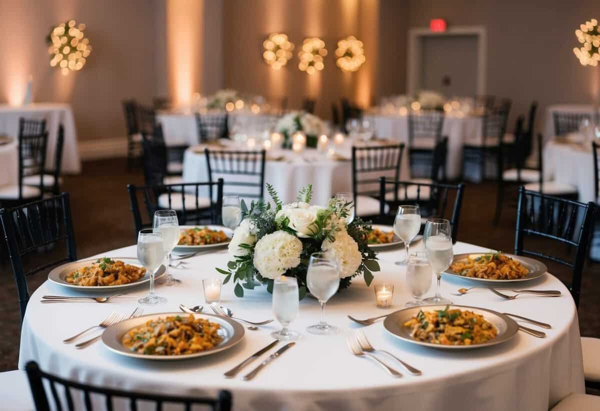 A wedding reception with empty chairs and uneaten food