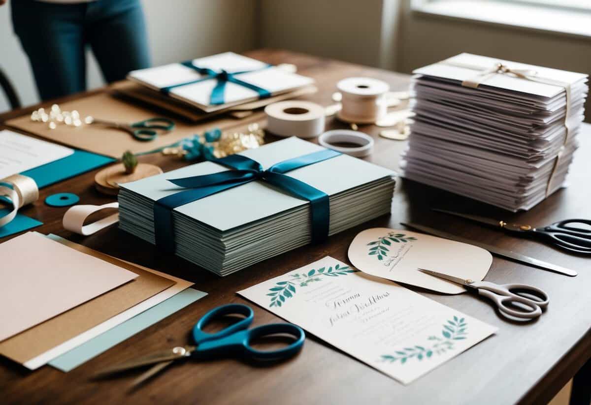 A table with various crafting materials spread out, including paper, scissors, ribbons, and decorative elements. A stack of handmade wedding invitations sits nearby