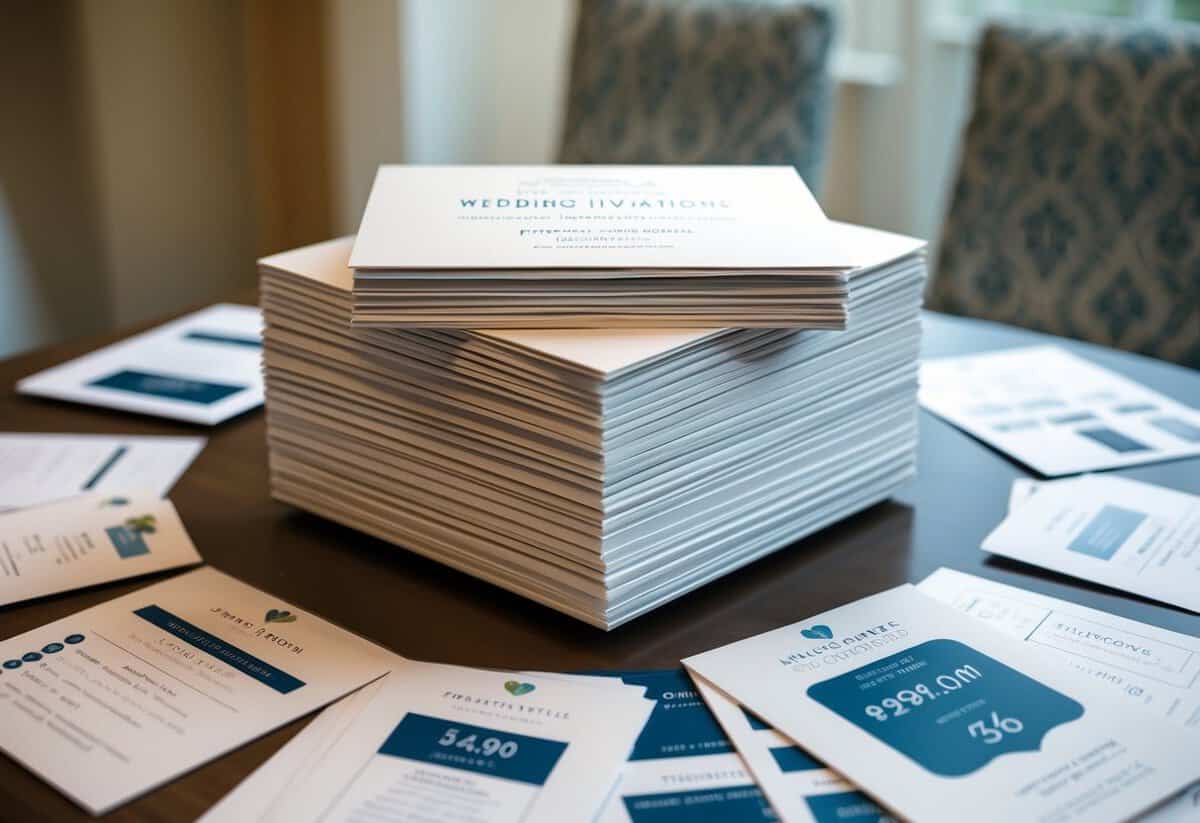 A stack of elegant wedding invitations arranged neatly on a table, surrounded by various design samples and pricing information