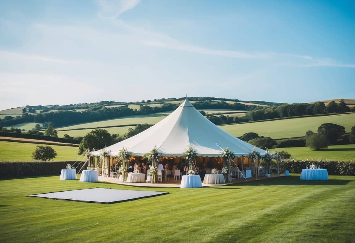 A picturesque countryside wedding venue with a marquee, floral decorations, and a dance floor surrounded by rolling hills and a clear blue sky