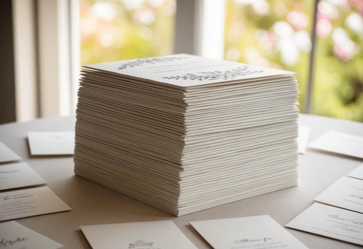 A stack of 150 elegant wedding invitations, adorned with delicate floral patterns, sits neatly arranged on a table