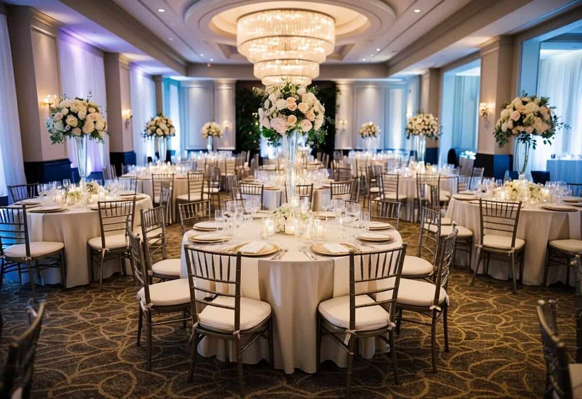 A grand wedding venue with elegant decor and seating for 100 guests. Tables set with fine linens, floral centerpieces, and sparkling tableware