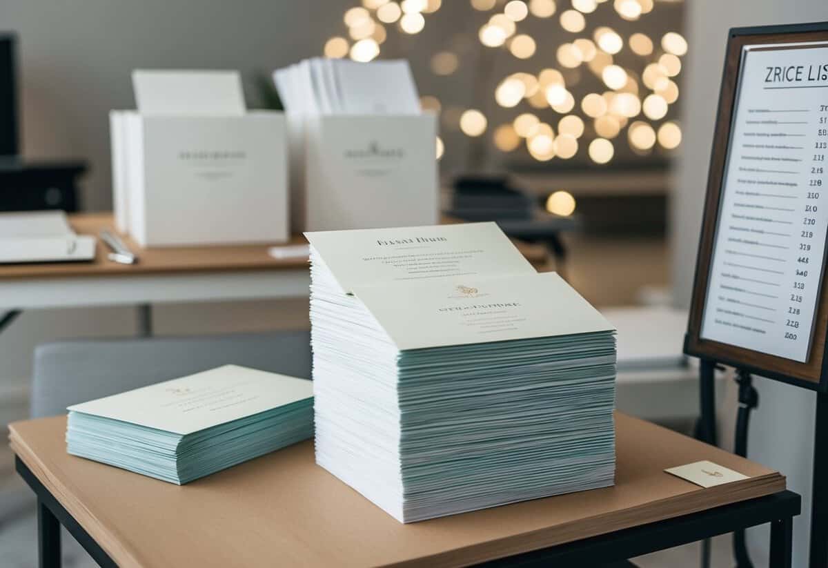 A stack of elegant wedding invitations being printed and packaged in a studio, with a price list displayed nearby