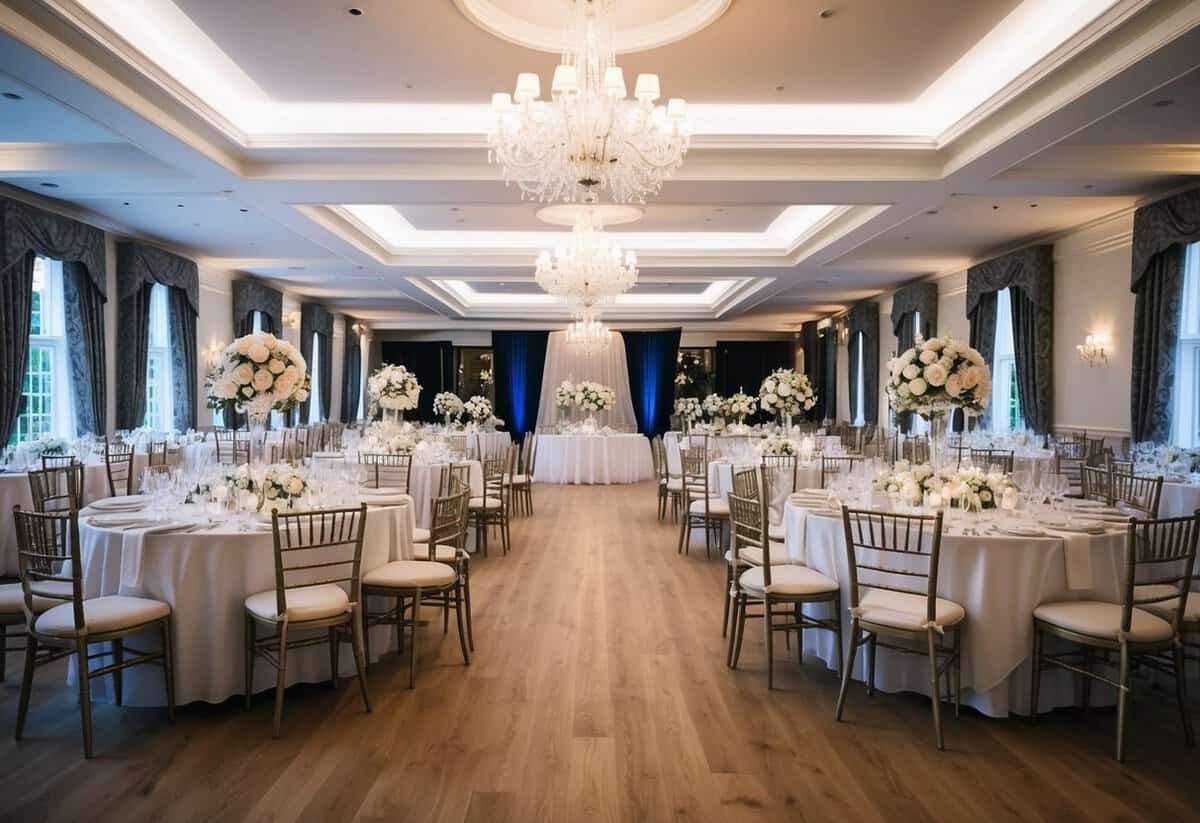 A grand wedding venue in the UK with seating for 100 guests, adorned with elegant decor and floral arrangements