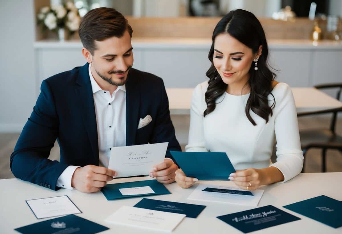 A couple seated at a table, examining various wedding invitation designs with a calm and thoughtful expression