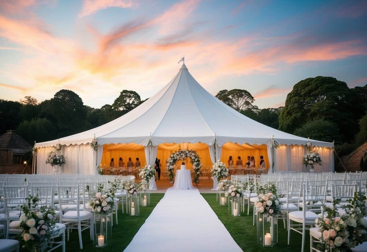 A picturesque outdoor wedding venue with a grand marquee, elegant floral arrangements, and a romantic sunset backdrop