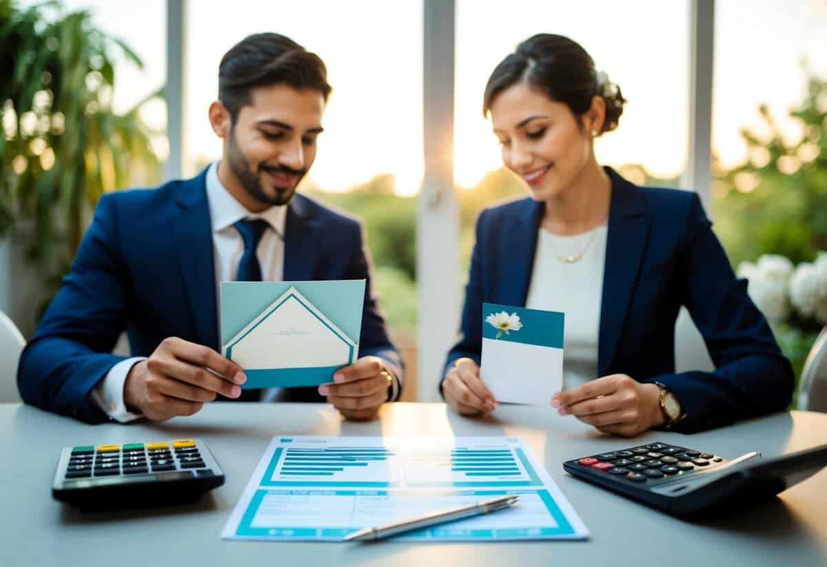 A couple sitting at a table, reviewing various wedding invitation samples with a calculator and budget sheet in front of them