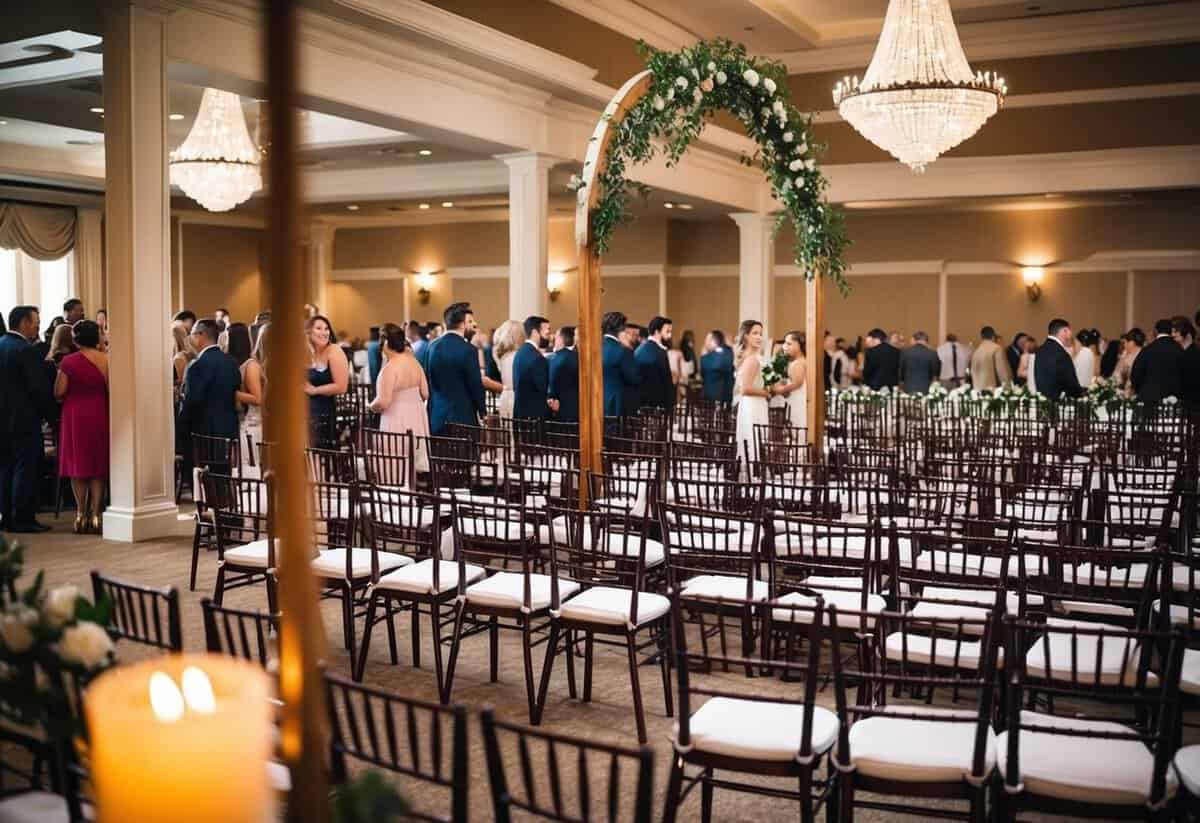 A crowded wedding venue with rows of chairs and a decorative archway