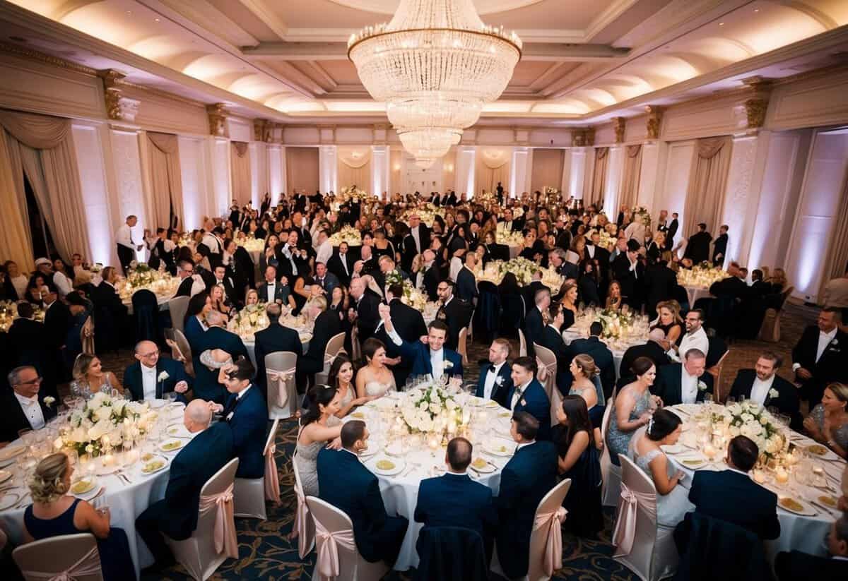 A bustling wedding reception with 100 guests celebrating in a grand ballroom adorned with elegant decorations and a lavish banquet spread