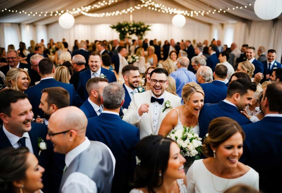 A crowded wedding venue with 100 guests celebrating, filling the space with lively chatter and laughter