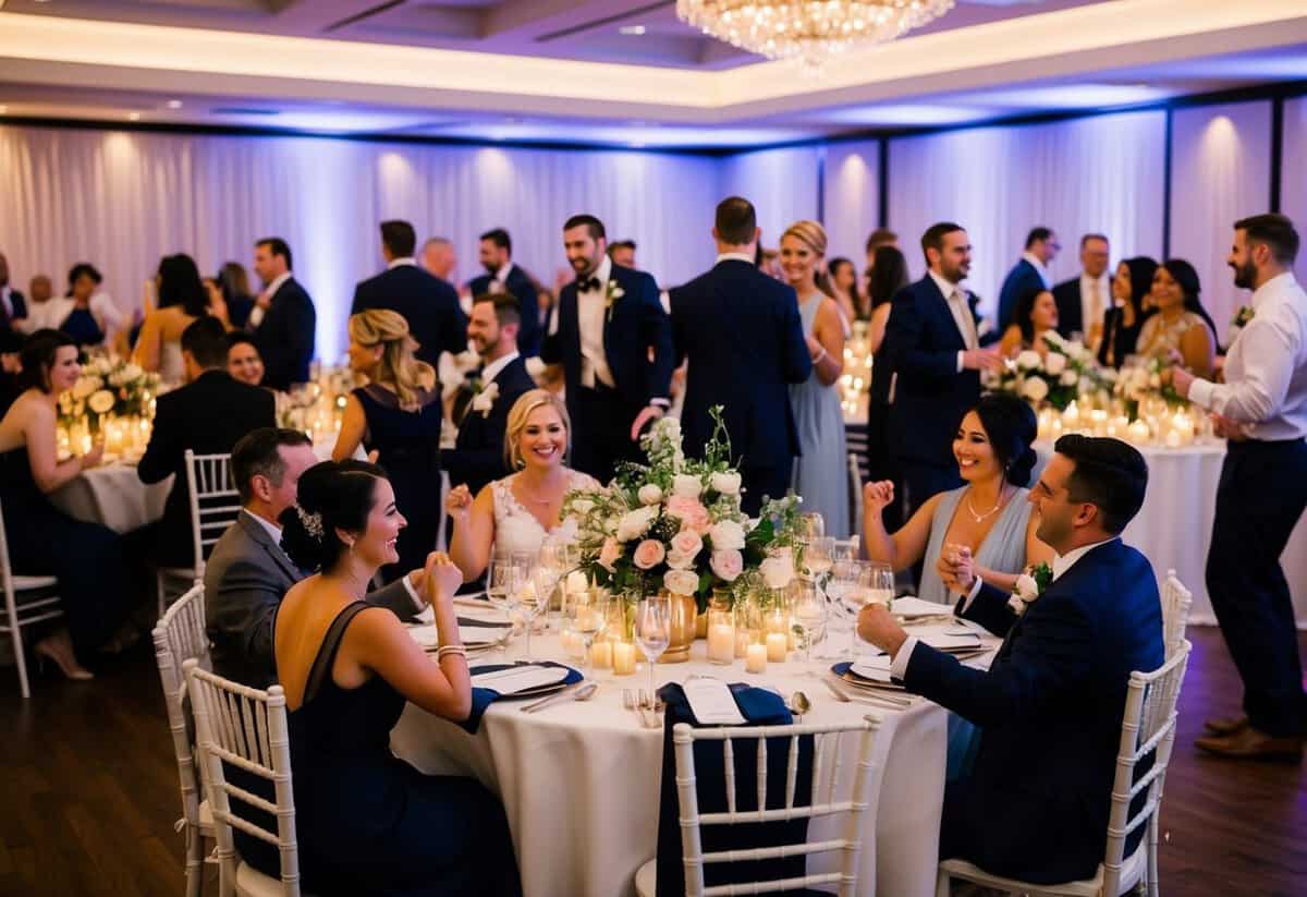 A bustling wedding reception with tables adorned with flowers and candles, guests mingling and dancing, and a joyful atmosphere