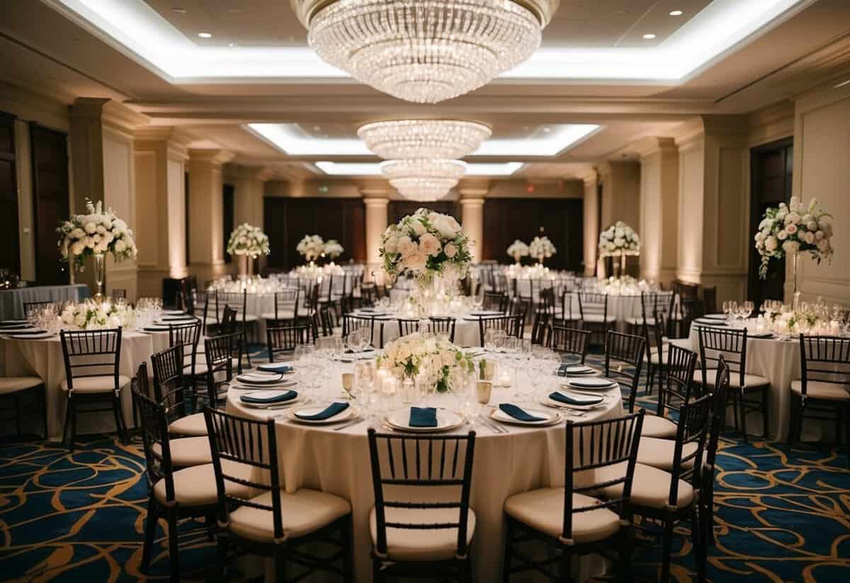A grand wedding banquet with 100 filled seats and elegant decorations