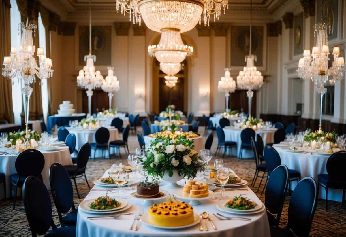 A grand banquet hall with elegant table settings, ornate chandeliers, and a lavish spread of gourmet dishes and desserts