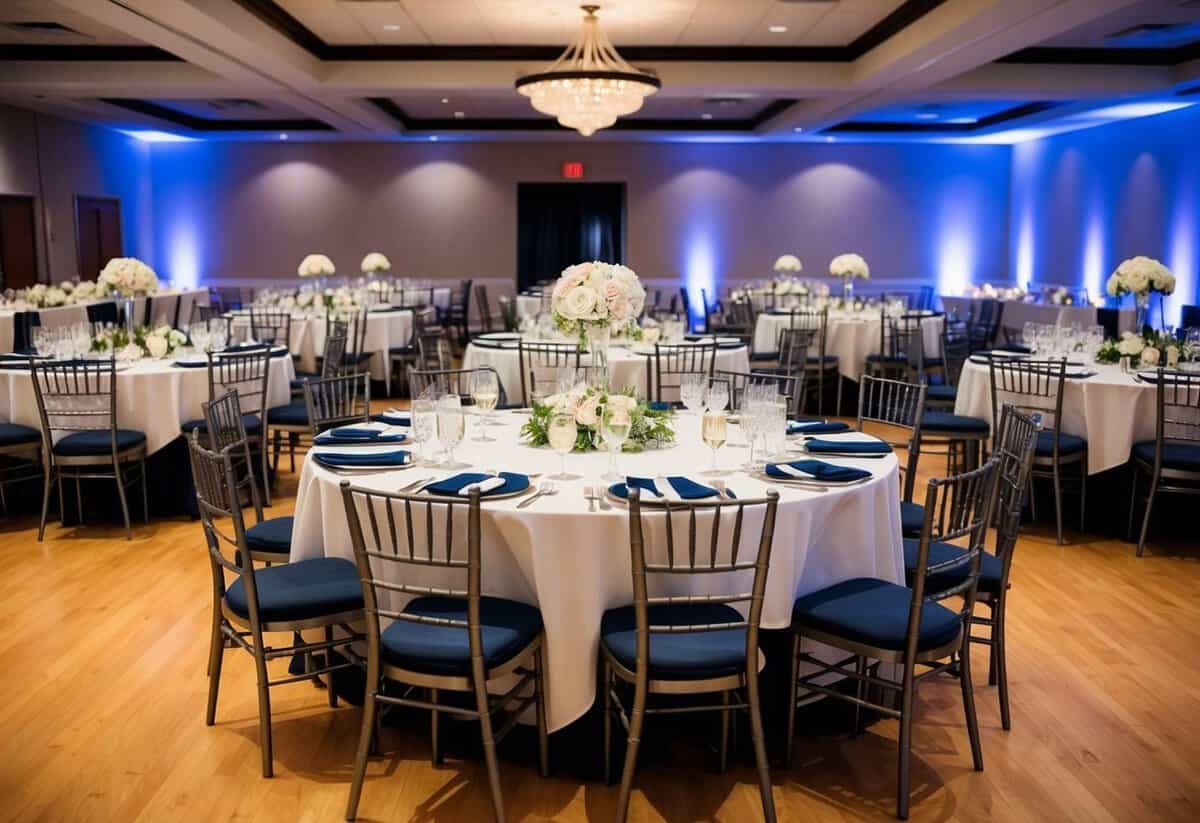 A banquet hall with 100 empty chairs arranged around tables, adorned with elegant place settings and centerpieces