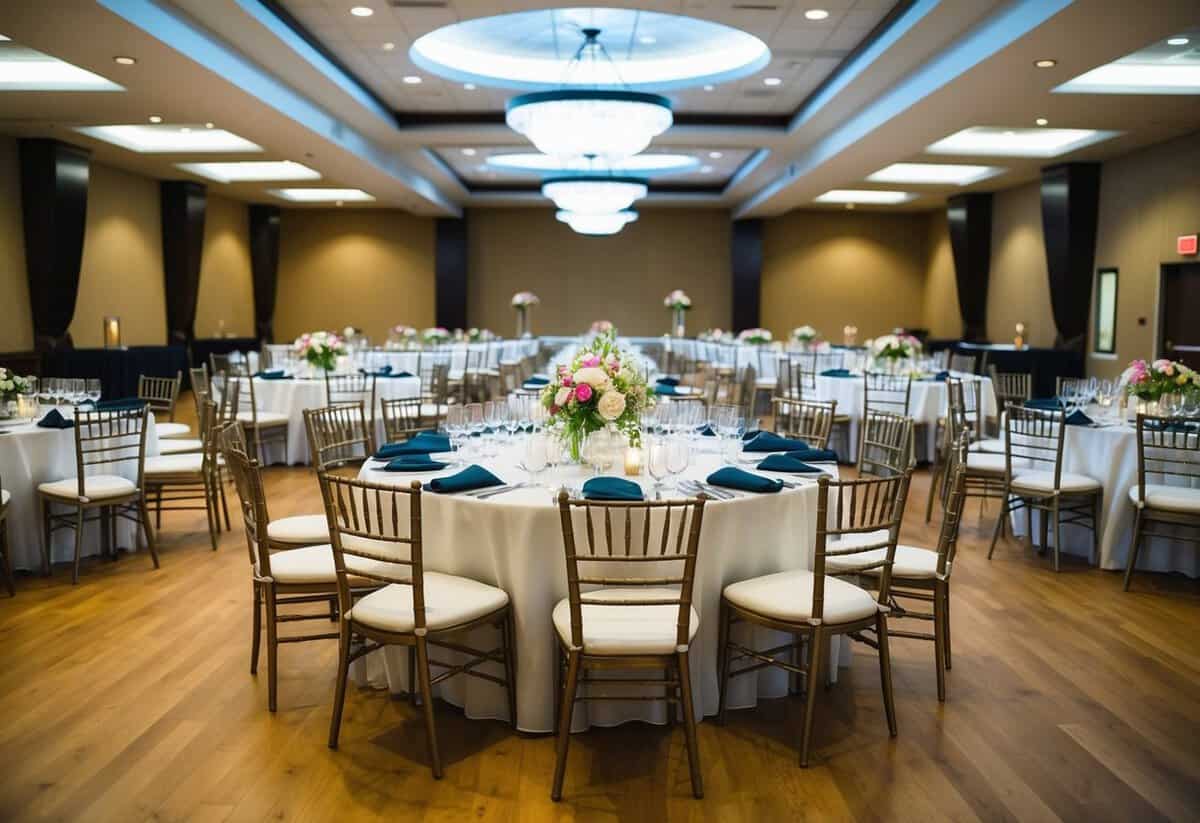 A banquet hall with 100 empty seats, adorned with elegant table settings and floral centerpieces
