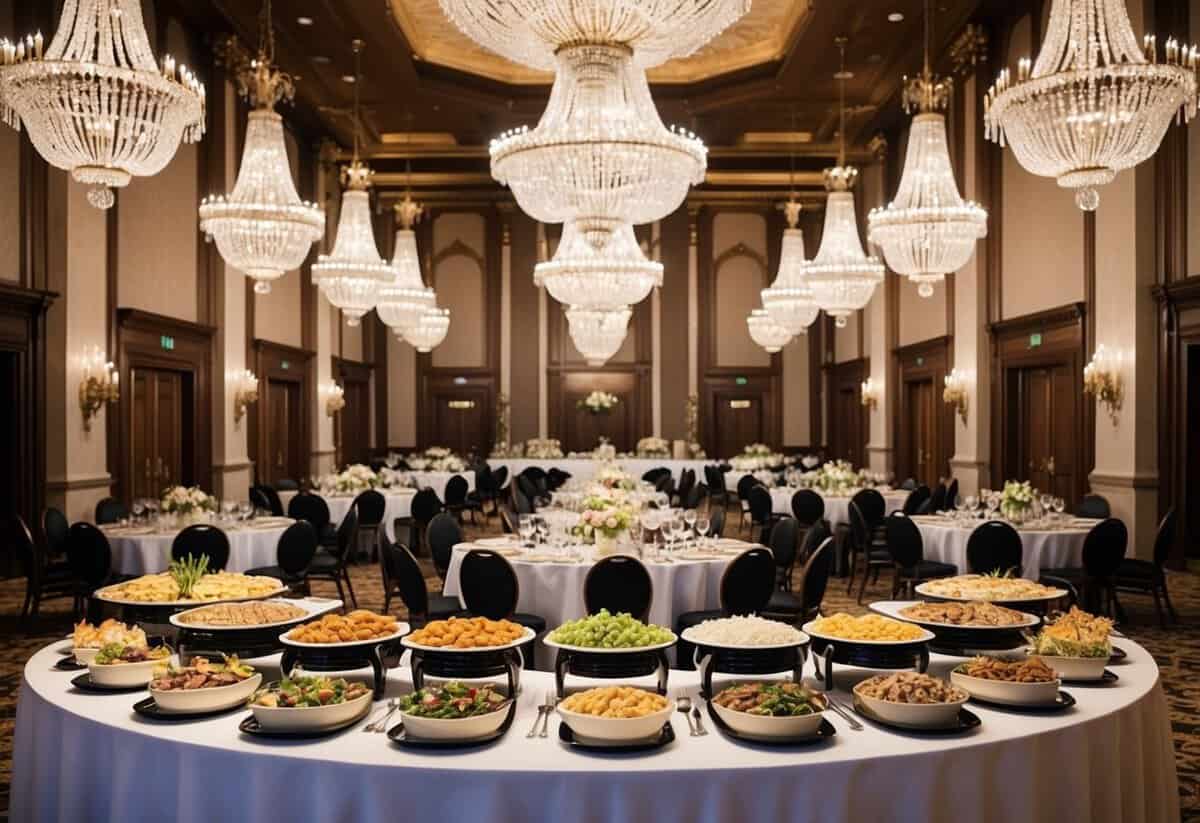 A grand banquet hall with elegant decor and a lavish buffet spread, surrounded by opulent chandeliers and ornate furnishings