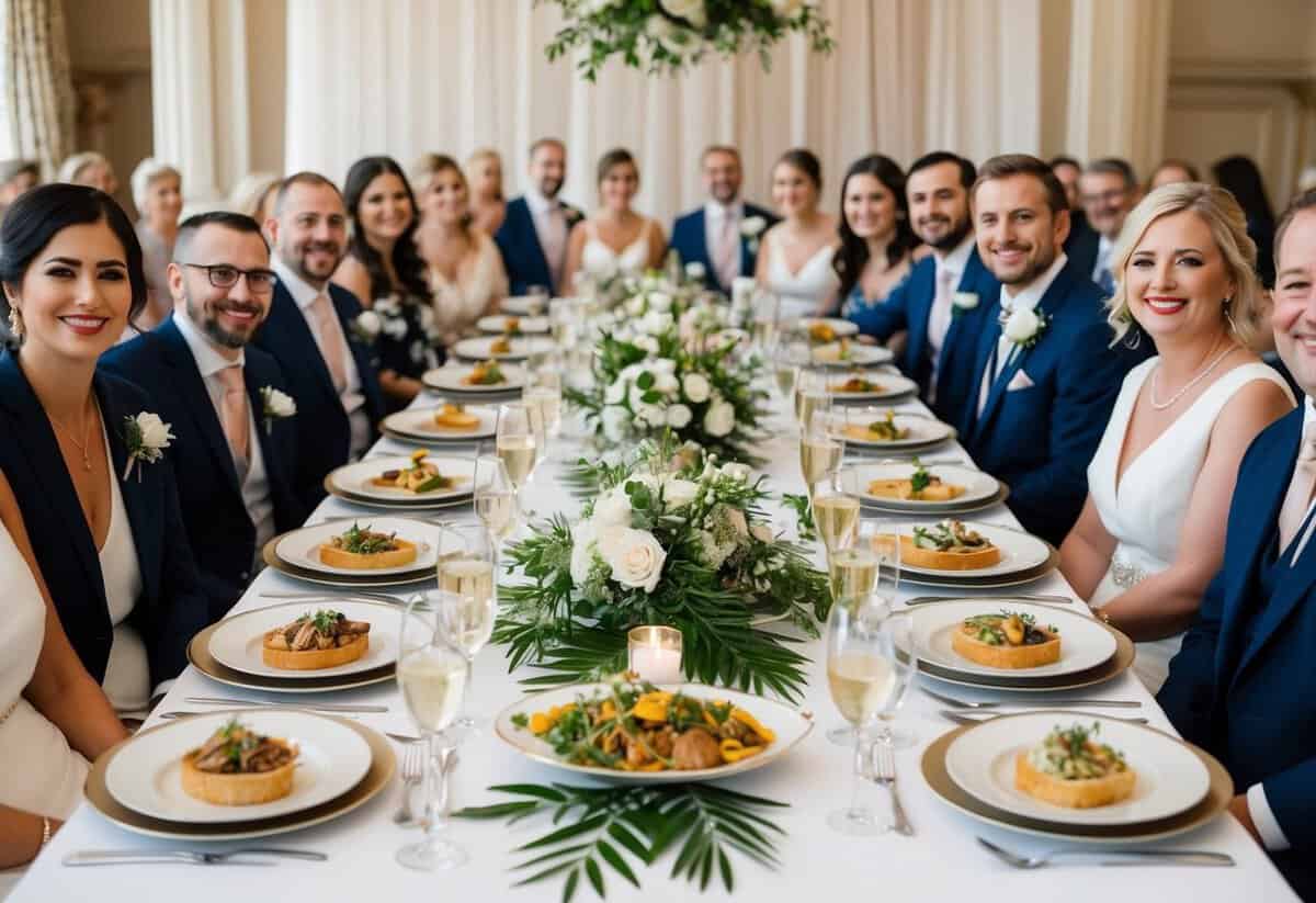 A beautifully set banquet table with elegant place settings and a variety of gourmet dishes, surrounded by happy wedding guests