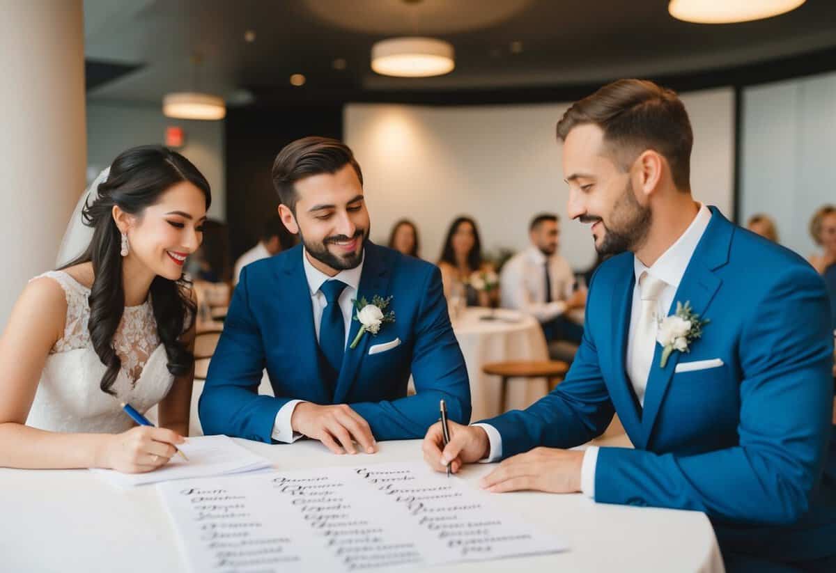 A couple sits at a table with a wedding planner, discussing guest list for a 100-person wedding. The planner writes names on a piece of paper