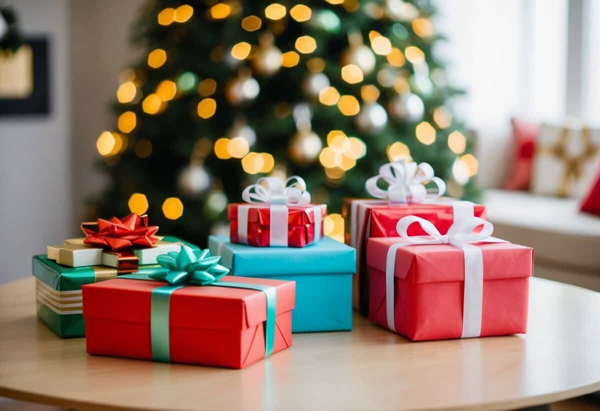A table with wrapped gifts of varying sizes and shapes. A card box sits nearby
