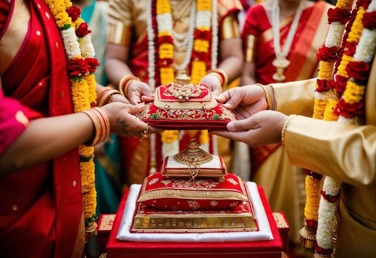 A traditional dowry ceremony with symbolic gifts and offerings