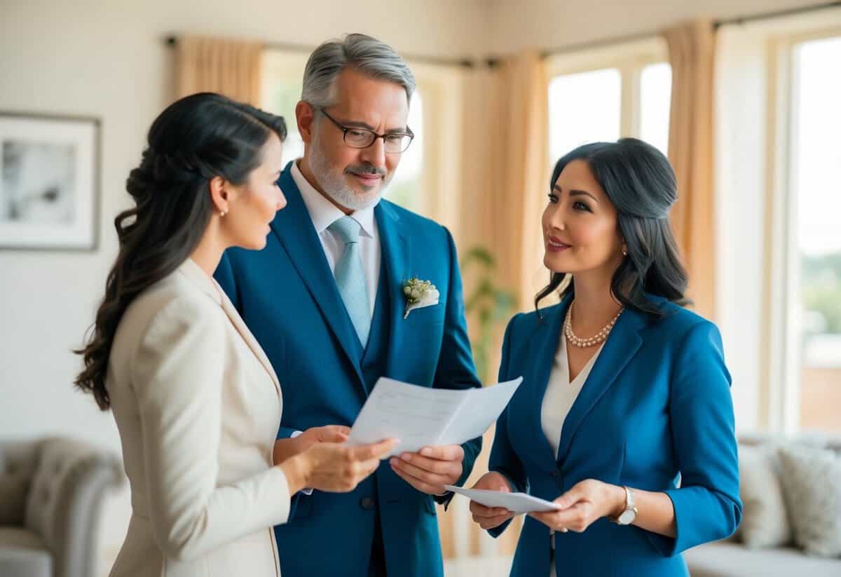 A father and mother figure discussing financial responsibilities with a wedding planner