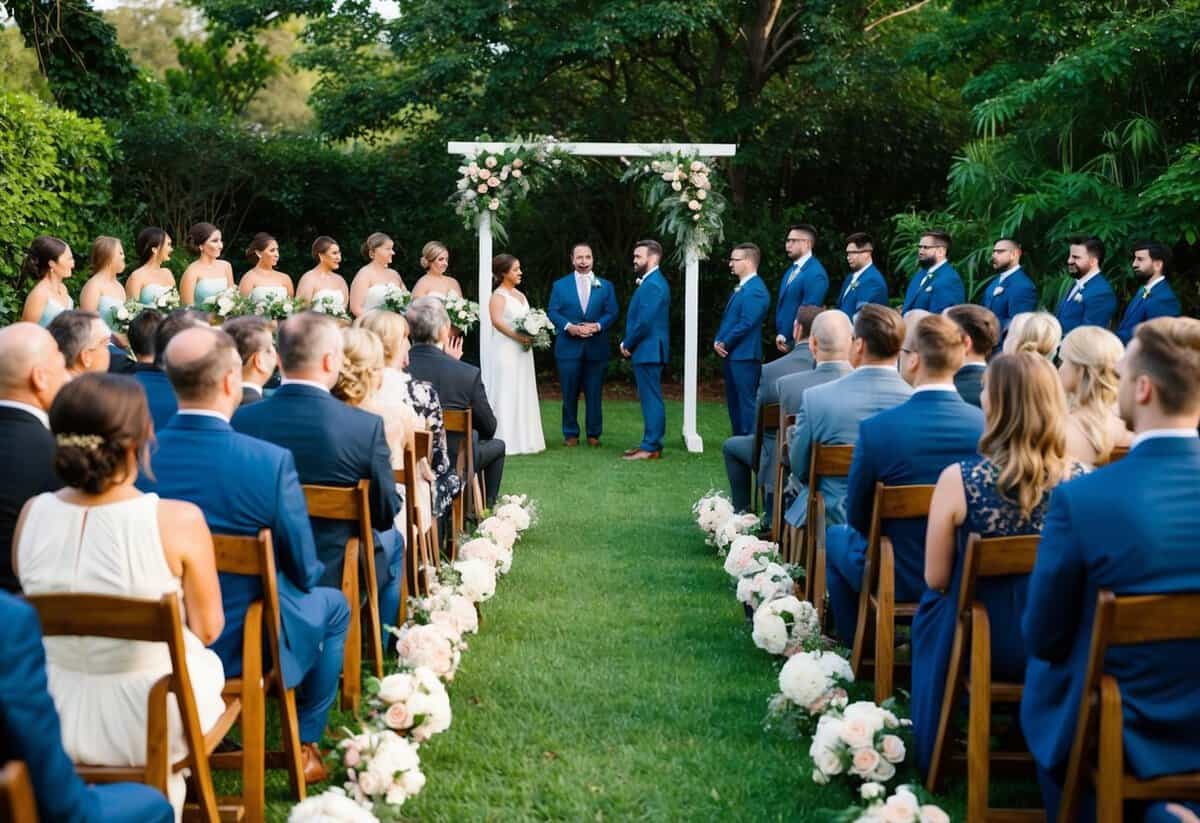 A cozy outdoor wedding ceremony with 45 guests seated on wooden chairs facing a simple arch adorned with flowers, surrounded by lush greenery