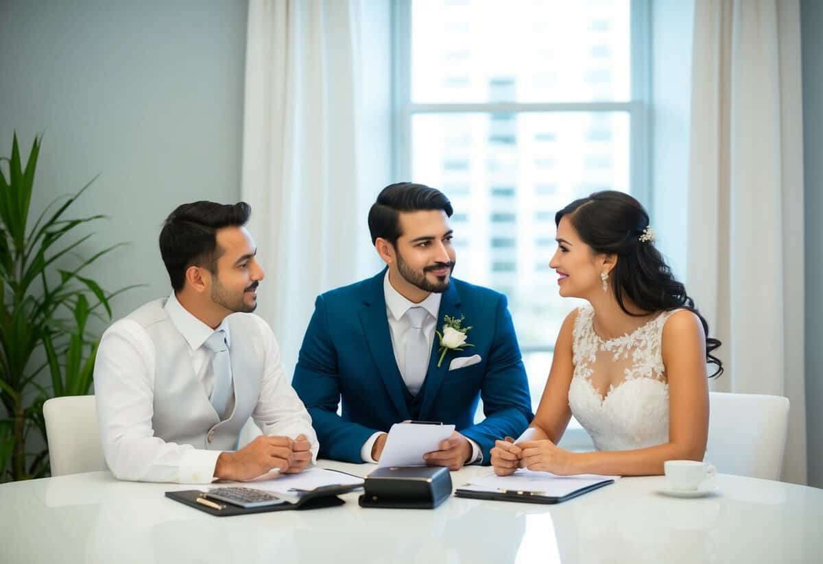 A couple sitting at a table with a wedding planner, discussing budget and financial responsibilities for the upcoming wedding