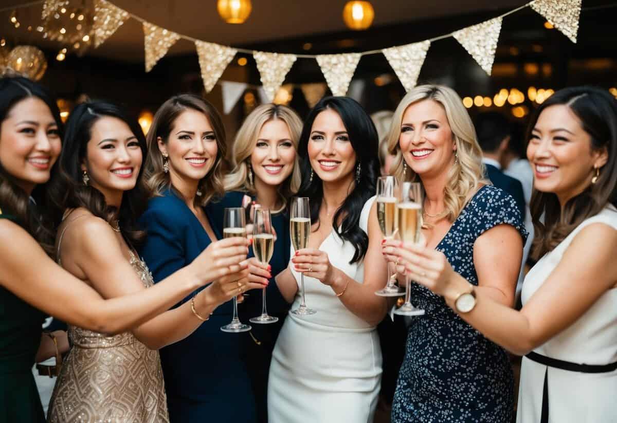 A group of women celebrating with champagne and decorations in a stylish venue