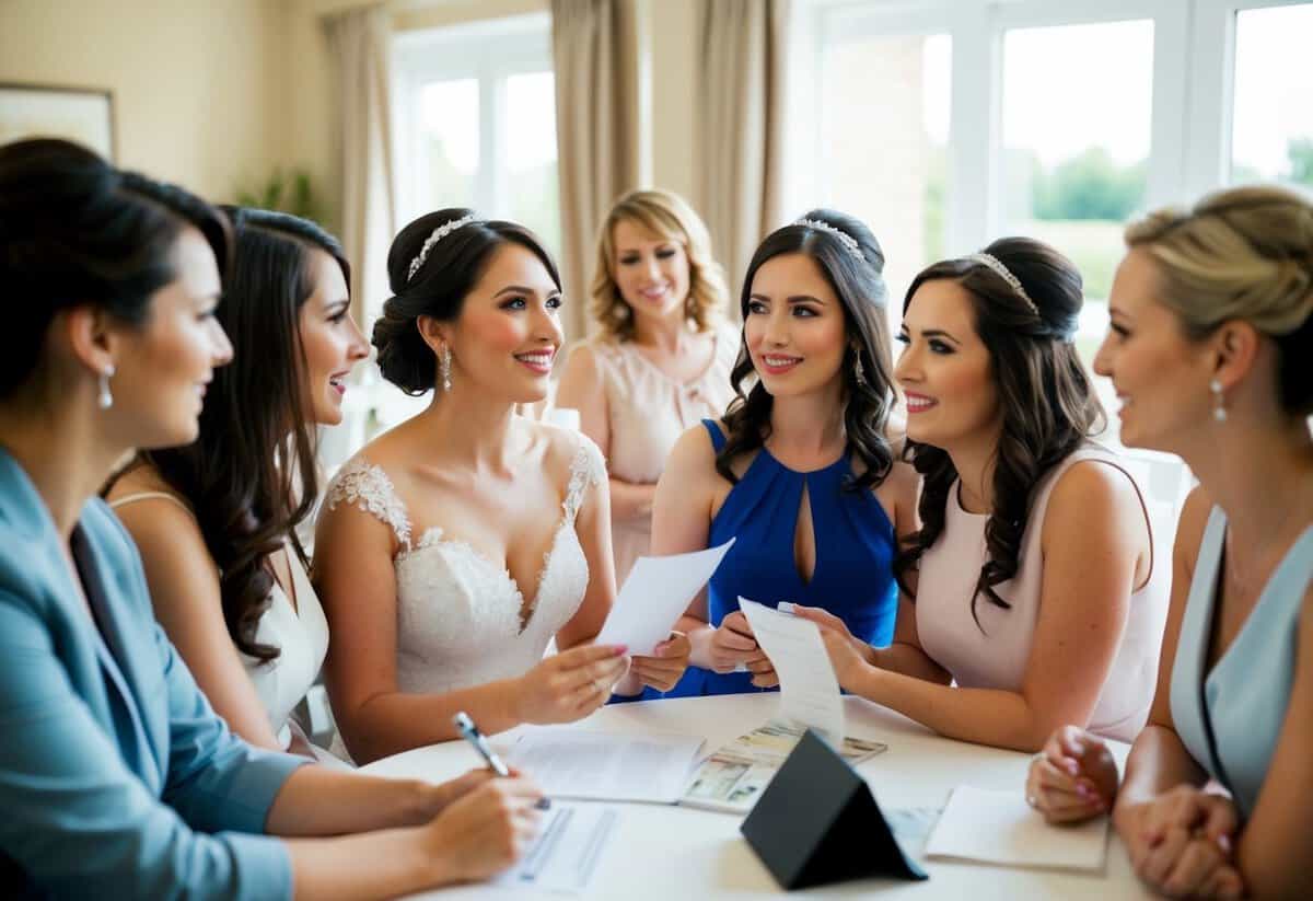 A bride looking at a group of friends as they plan and discuss the cost of her hen do