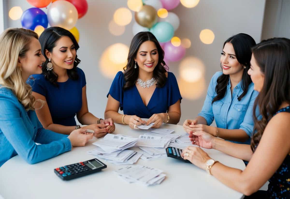 A group of women sitting around a table, discussing and calculating the costs of a bachelorette party. A pile of receipts and a calculator are visible on the table