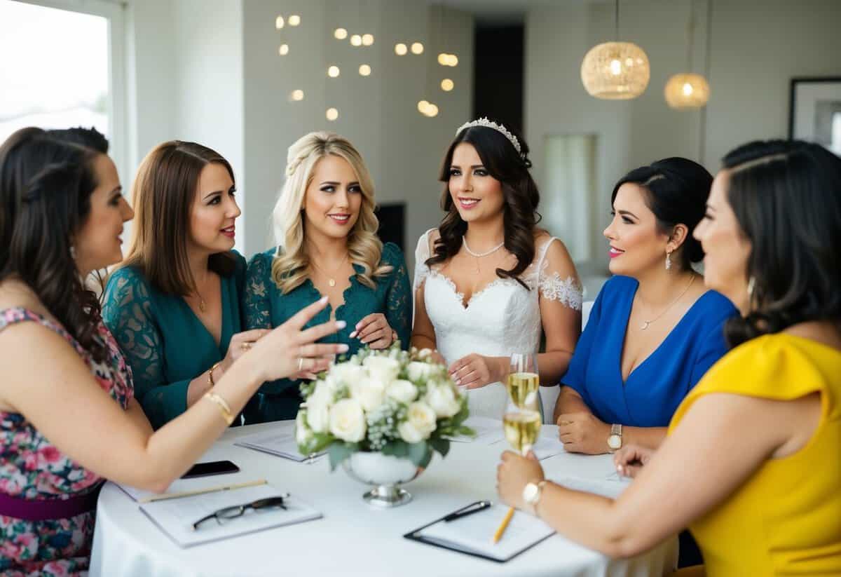 A group of women discussing and planning a hen do, with the bride at the center of the conversation