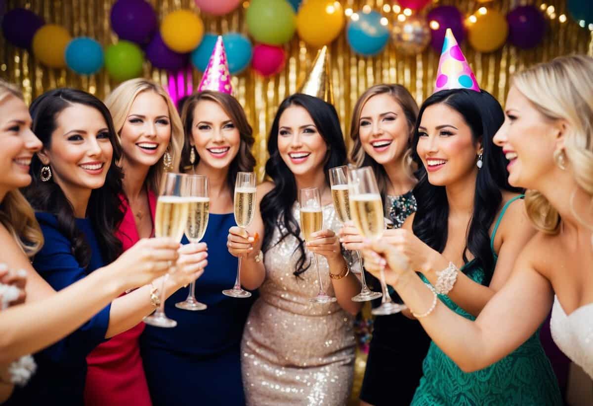 A group of women cheers with champagne glasses at a glamorous bachelorette party, surrounded by colorful decorations and festive music