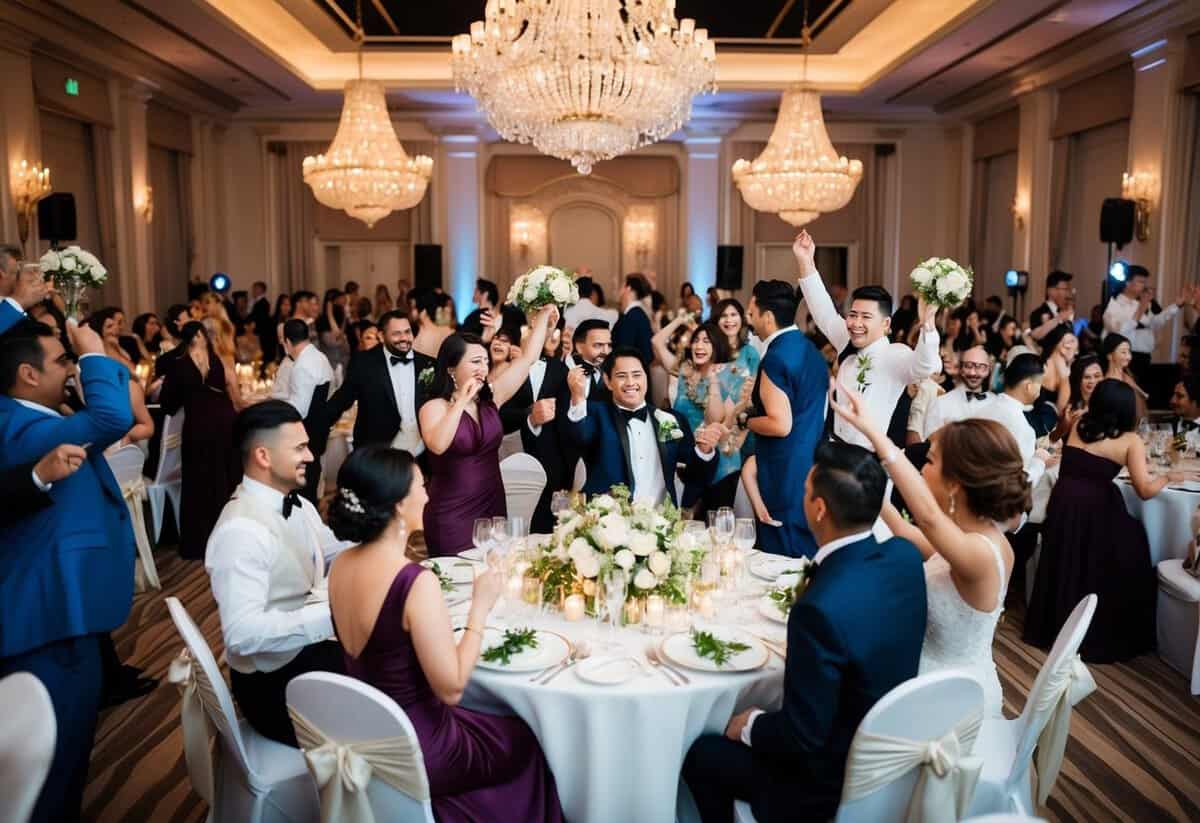 A joyful wedding scene with a lavish venue, elegant decorations, and a grand banquet. Guests are celebrating with music and dancing