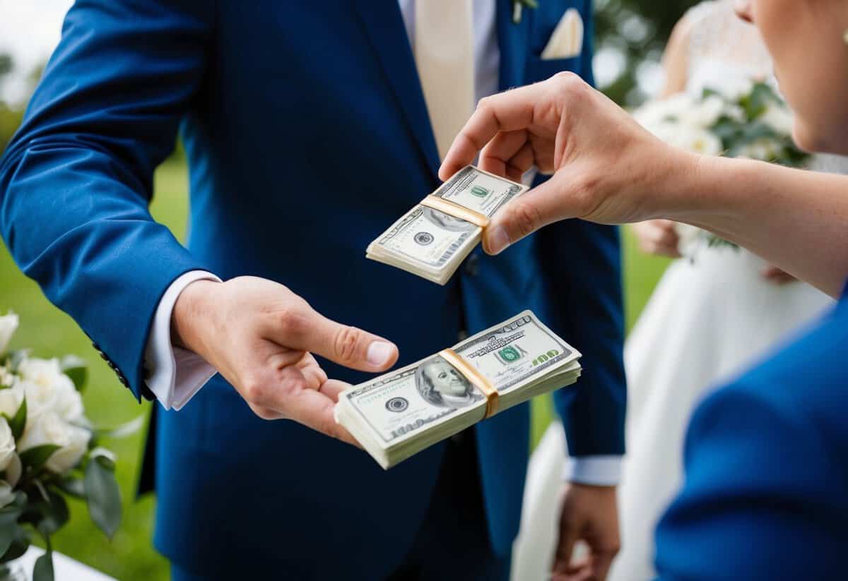 A groom's hand passing a stack of money to a wedding planner