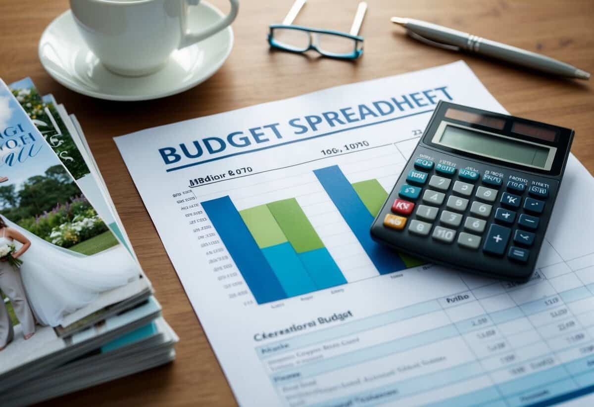 A table with a neatly organized budget spreadsheet, surrounded by wedding magazines and a calculator