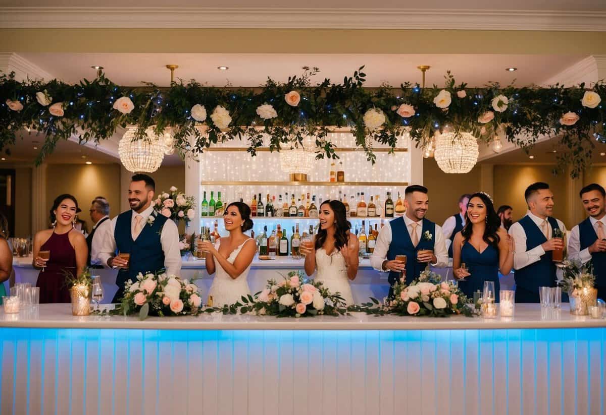 A festive wedding reception with a fully stocked bar, decorated with flowers and twinkling lights, surrounded by joyful guests enjoying their drinks