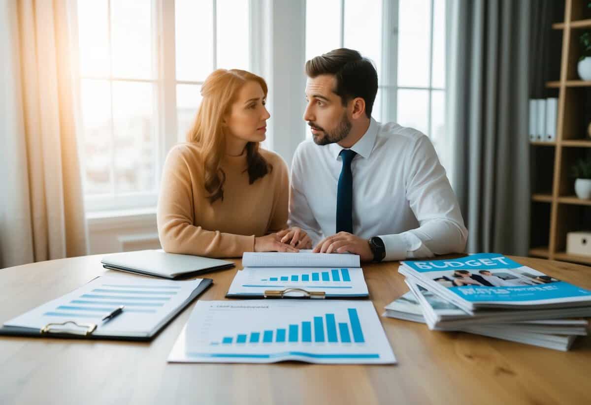 A table with a budget spreadsheet, wedding magazines, and a worried couple discussing finances