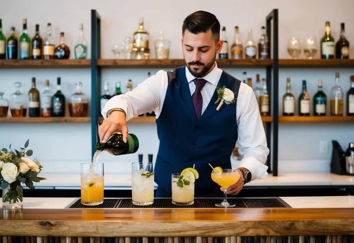 A bartender pouring drinks at a wedding reception, with various options displayed on shelves behind the bar