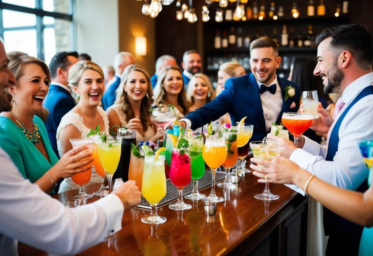 A busy wedding bar with colorful drinks and elegant glassware, surrounded by joyful guests celebrating the special day