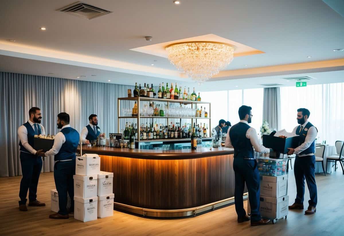 A wedding venue with a fully stocked bar and various suppliers delivering drinks and supplies