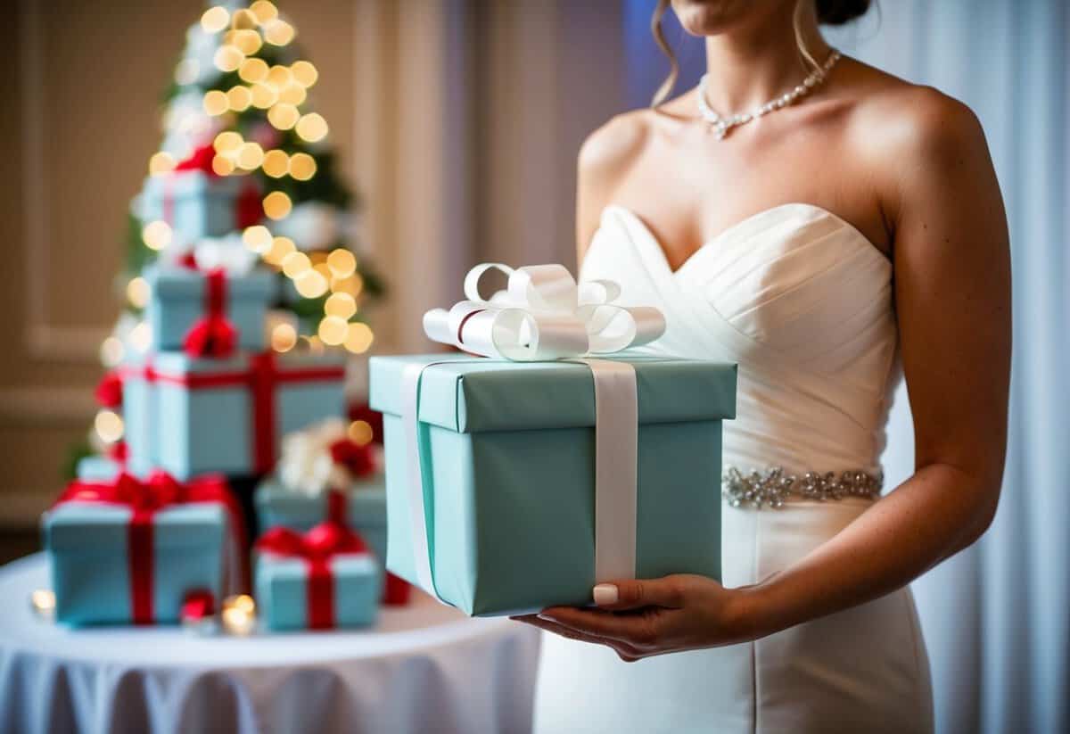 A bridesmaid holding a beautifully wrapped wedding gift, standing in front of a decorated gift table at the reception