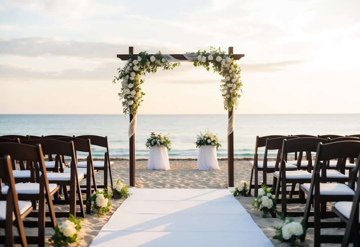 A serene beach setting with a small wedding arch and chairs set up for a small, intimate ceremony