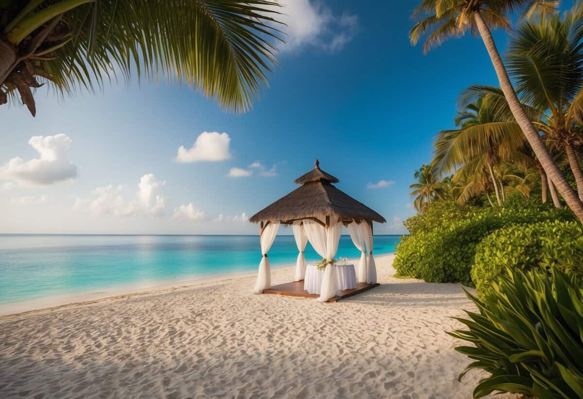A serene beach with a beautiful gazebo set up for a destination wedding, surrounded by lush tropical greenery and overlooking the crystal-clear ocean