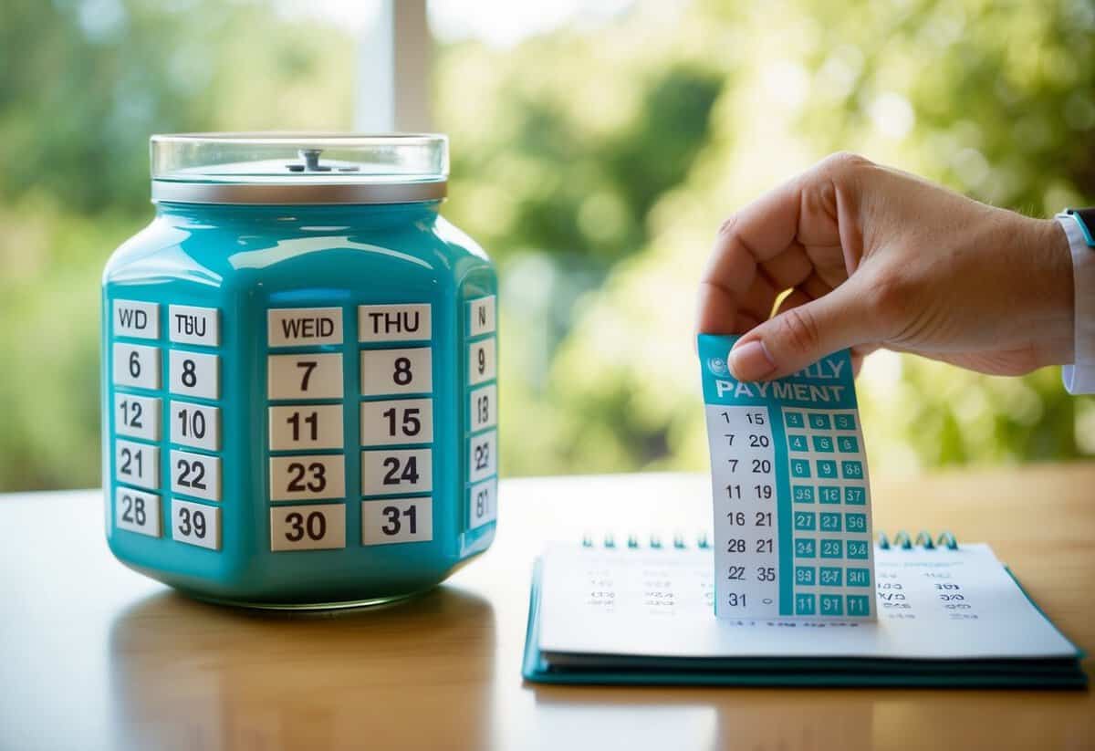 A calendar with wedding dates marked and a hand placing a monthly payment into a wedding fund jar