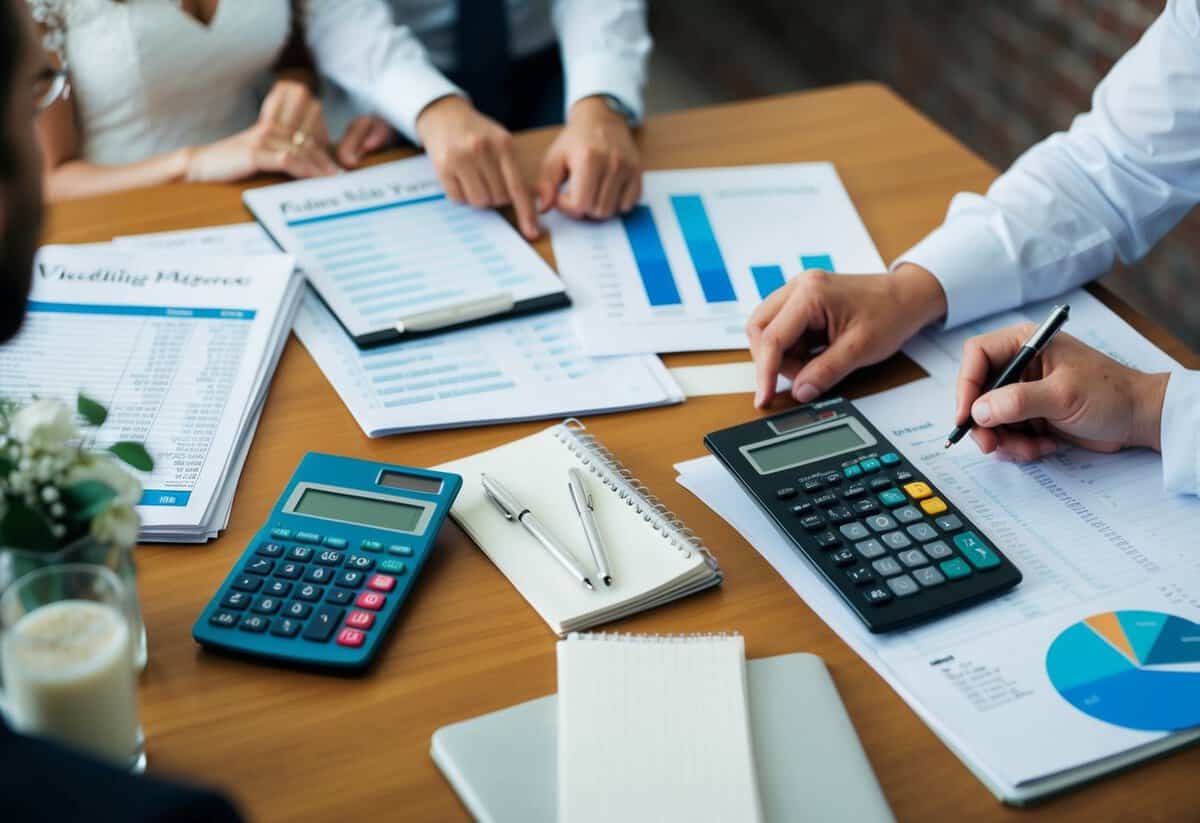 A couple sits at a table with a calculator, spreadsheets, and wedding magazines spread out, discussing and planning their wedding budget