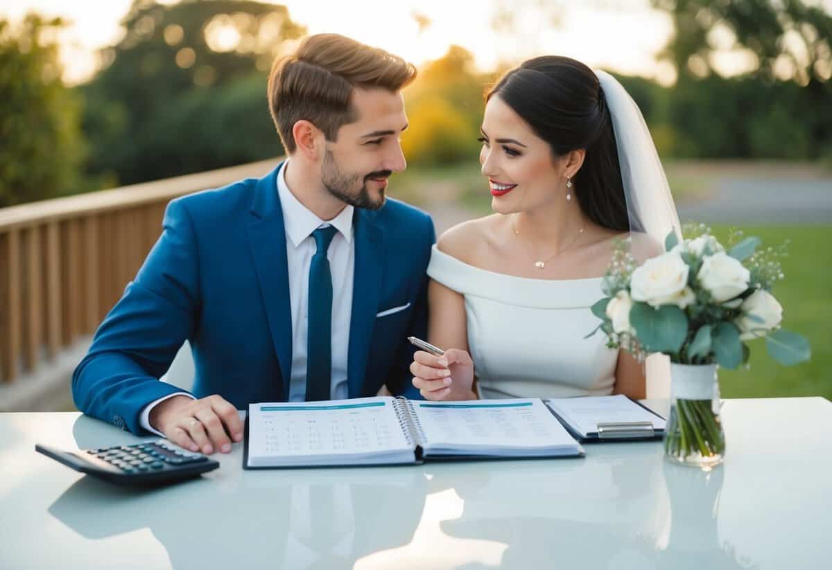 A couple sits at a table with a calendar, calculator, and wedding planning book, discussing monthly payment strategies