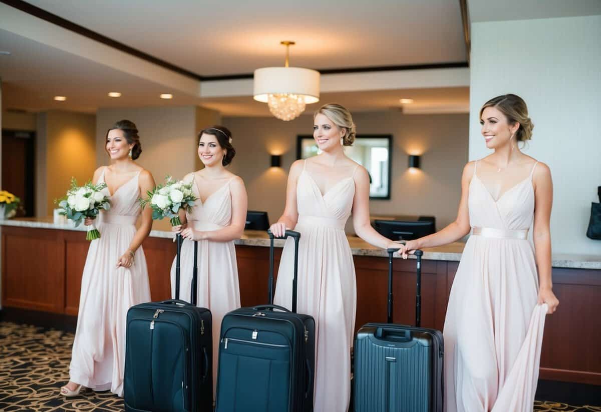 Bridesmaids checking in at hotel reception with luggage