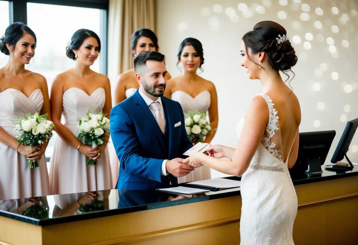 A bride handing over payment to a hotel receptionist, while a group of bridesmaids stand nearby, waiting